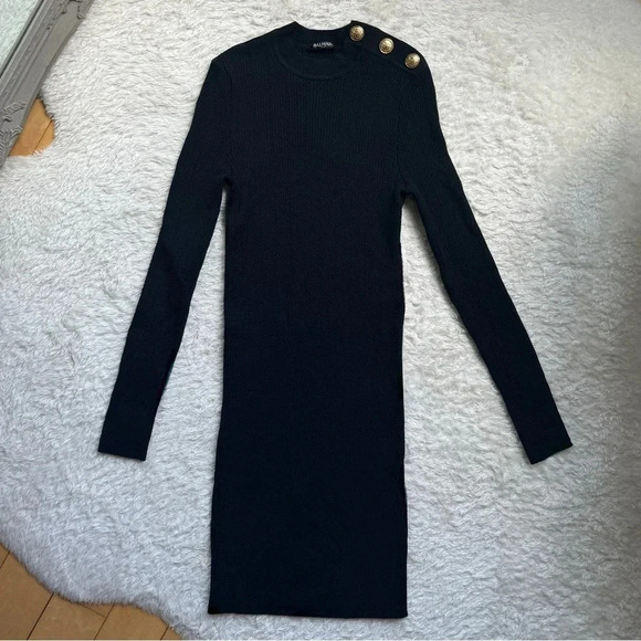 New Balmain Navy Blue Knit Long Sleeve Mini Dress Gold Buttons 36 Stretchy - Picture 1 of 4